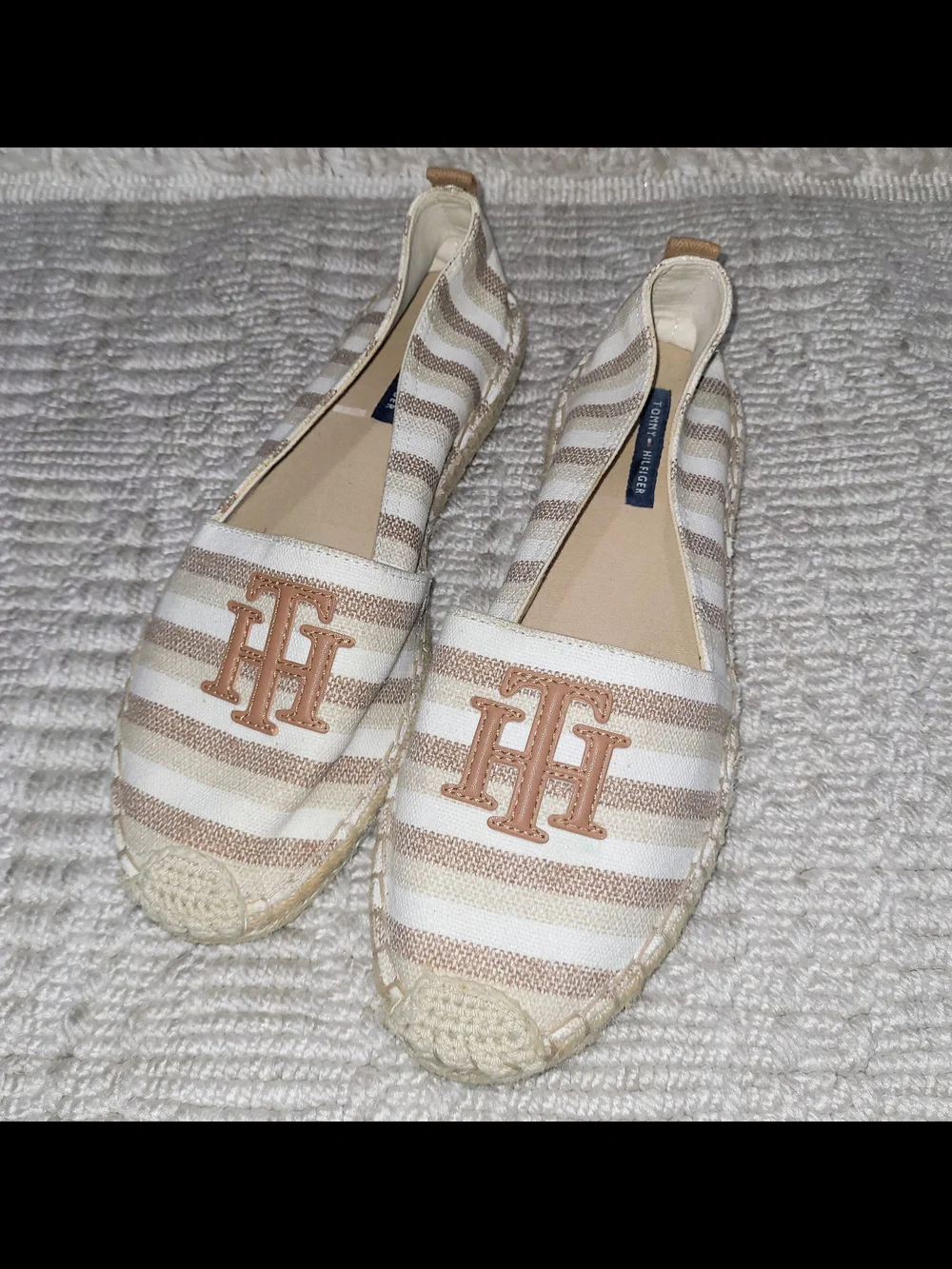Tommy Hilfiger Striped Canvas Espadrille Flats Brown Tan Sz 8